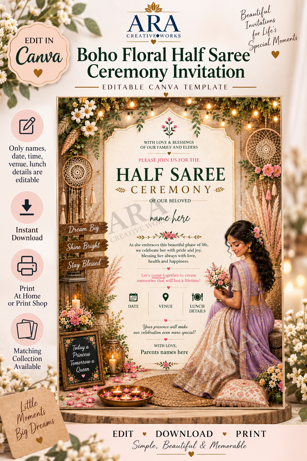 Boho Floral Half Saree Ceremony Invitation | Editable Canva Template