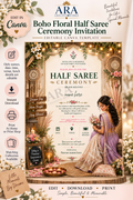 Boho Floral Half Saree Ceremony Invitation | Editable Canva Template