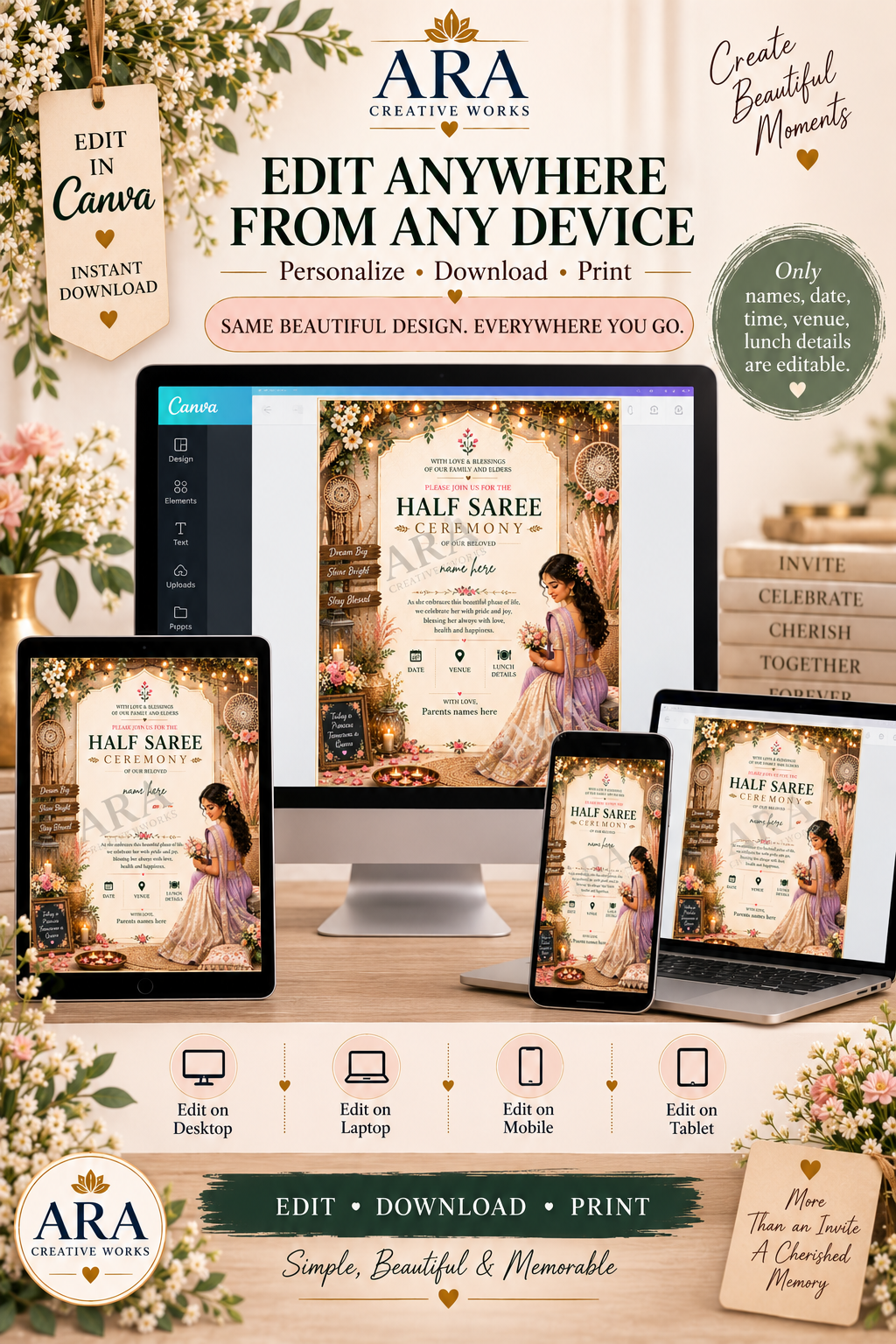 Boho Floral Half Saree Ceremony Invitation | Editable Canva Template