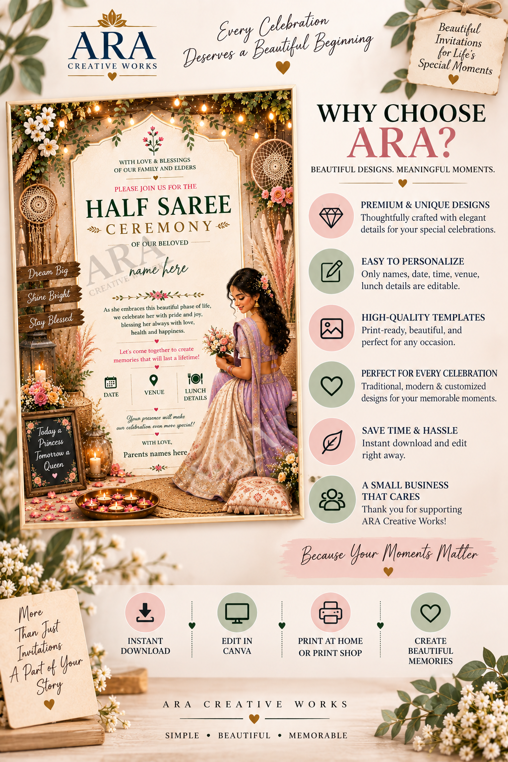Boho Floral Half Saree Ceremony Invitation | Editable Canva Template