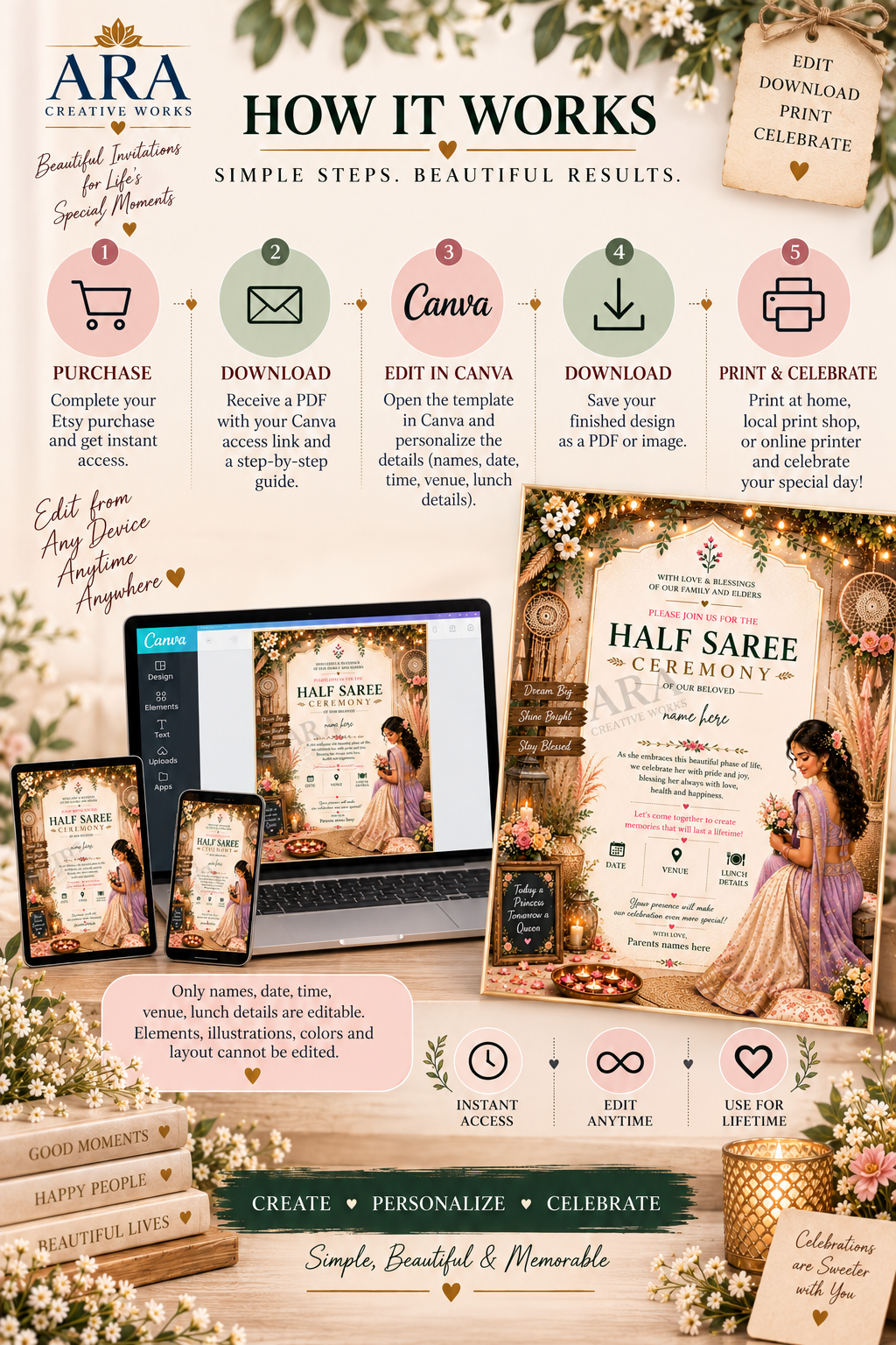 Boho Floral Half Saree Ceremony Invitation | Editable Canva Template