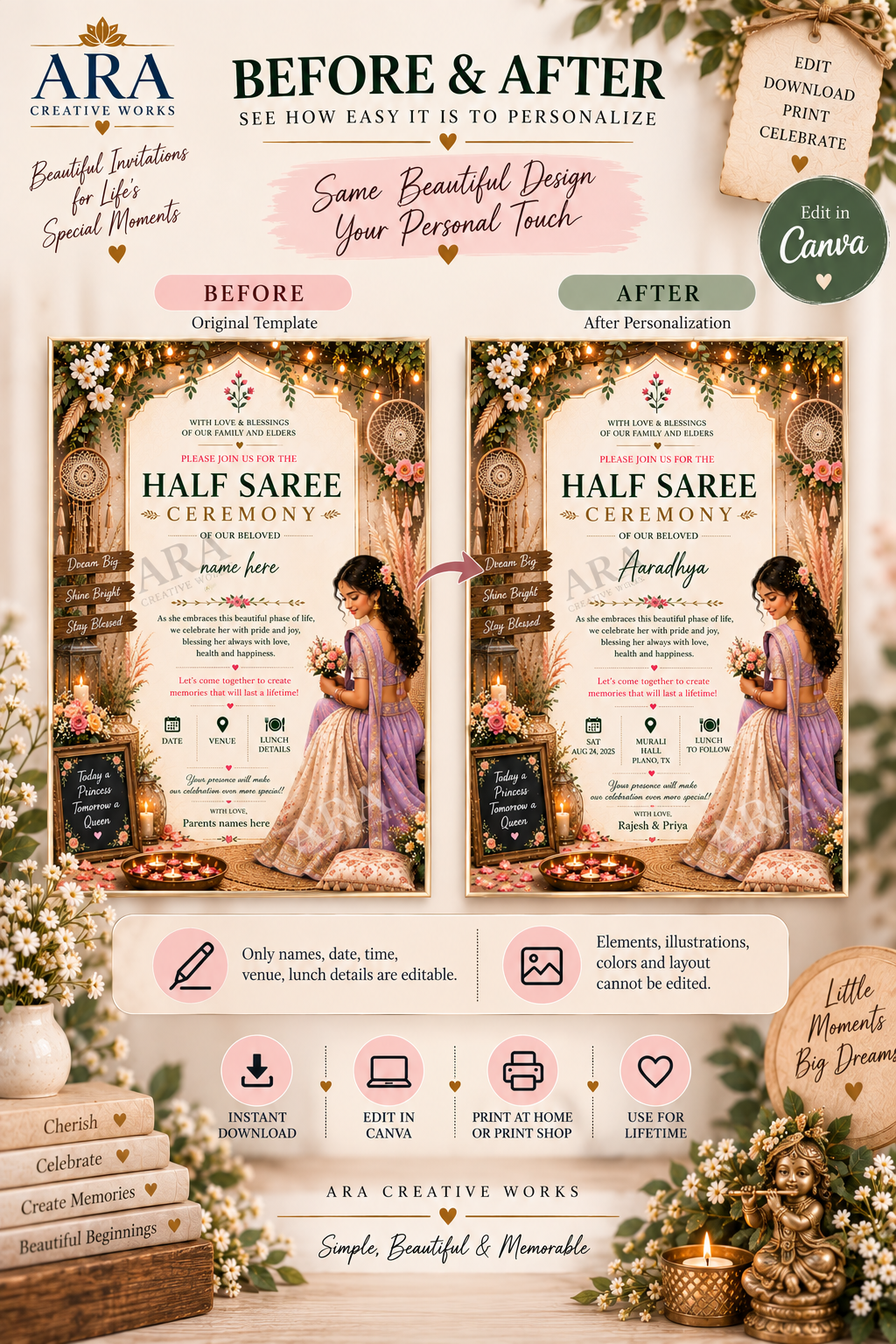 Boho Floral Half Saree Ceremony Invitation | Editable Canva Template