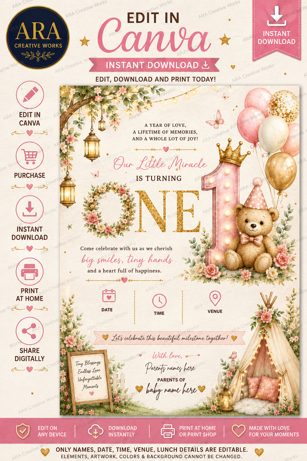 Boho Floral Teddy 1st Birthday Invitation Template | Editable Canva Teddy Bear Birthday Invite | Instant Digital Download