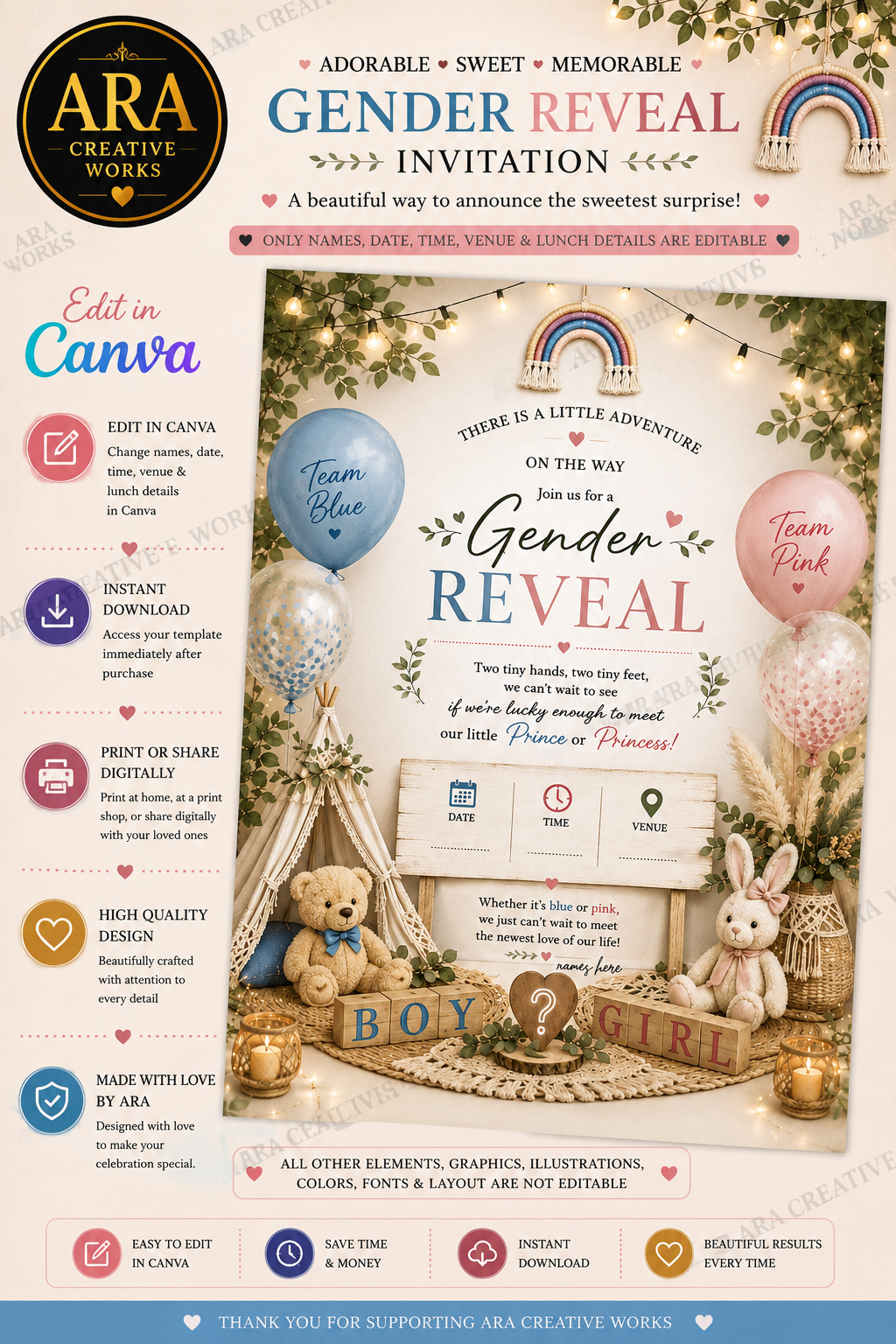 Boho Teddy Gender Reveal Invitation | Editable Canva Template | Instant Download