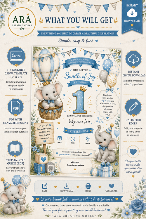 Boho Baby Elephant 1st Birthday Invitation Template | Editable Canva Birthday Invite | Instant Digital Download