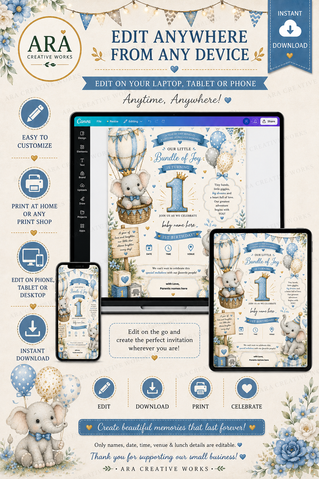 Boho Baby Elephant 1st Birthday Invitation Template | Editable Canva Birthday Invite | Instant Digital Download