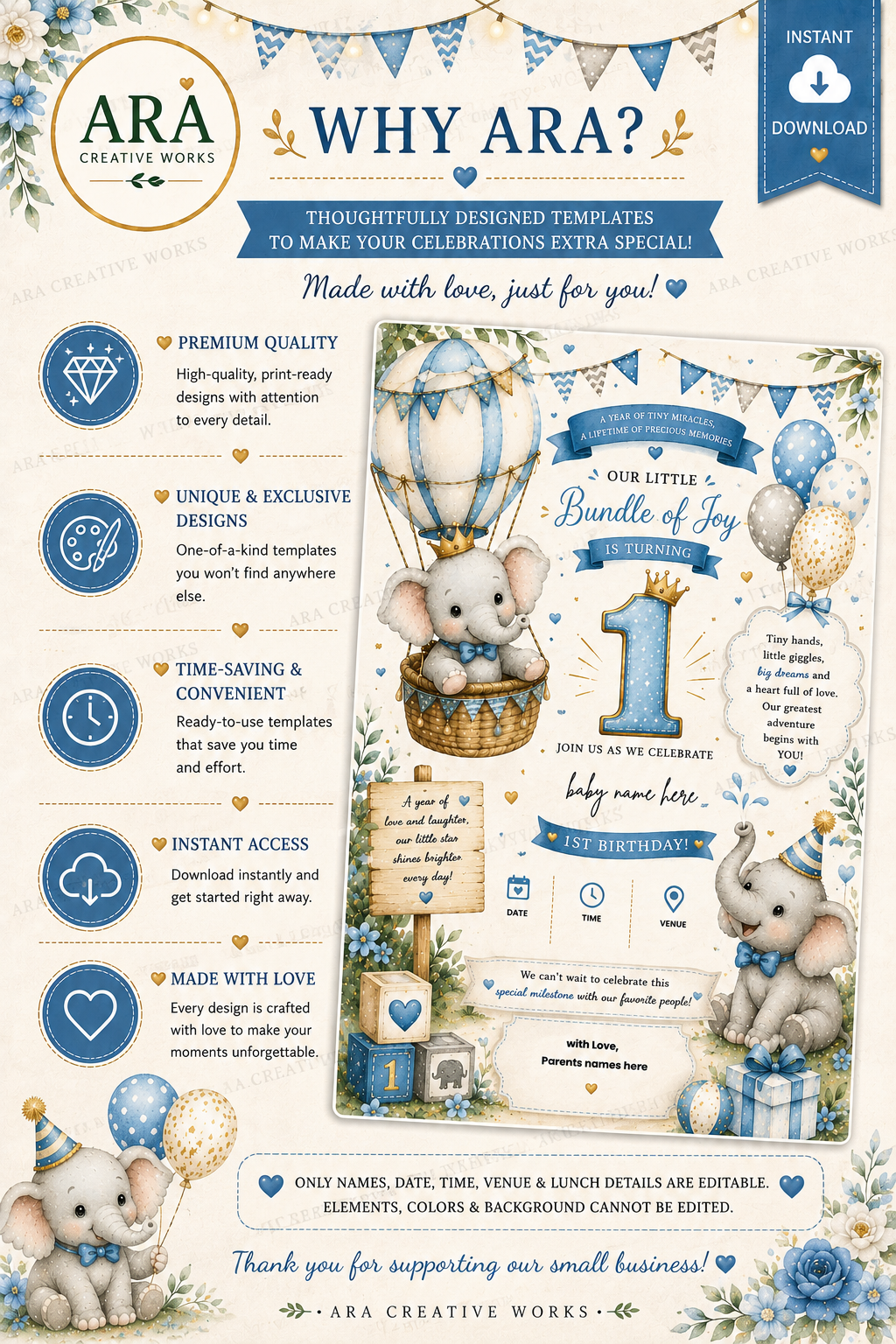 Boho Baby Elephant 1st Birthday Invitation Template | Editable Canva Birthday Invite | Instant Digital Download