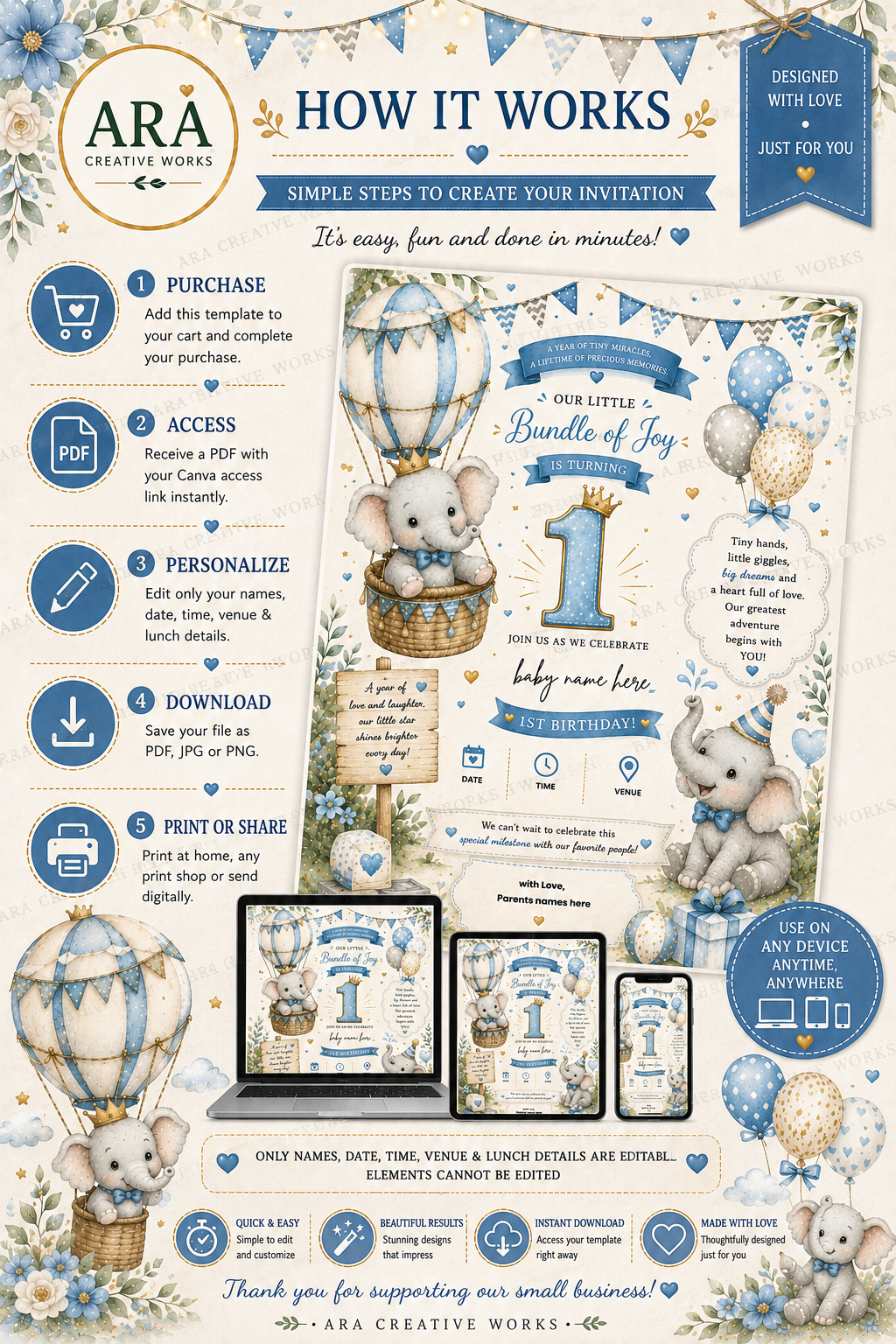 Boho Baby Elephant 1st Birthday Invitation Template | Editable Canva Birthday Invite | Instant Digital Download