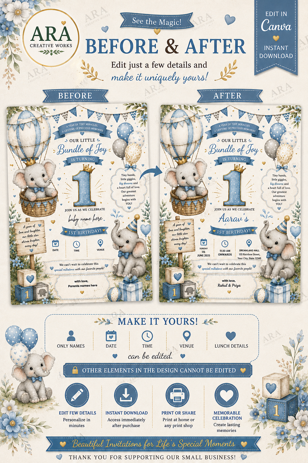 Boho Baby Elephant 1st Birthday Invitation Template | Editable Canva Birthday Invite | Instant Digital Download