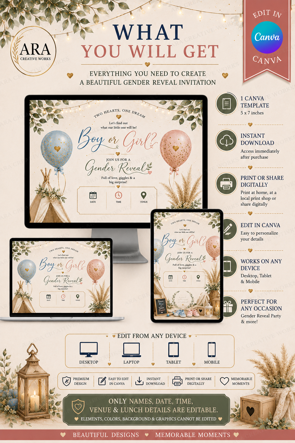 Boho Balloon Gender Reveal Invitation | Editable Canva Template | Instant Download