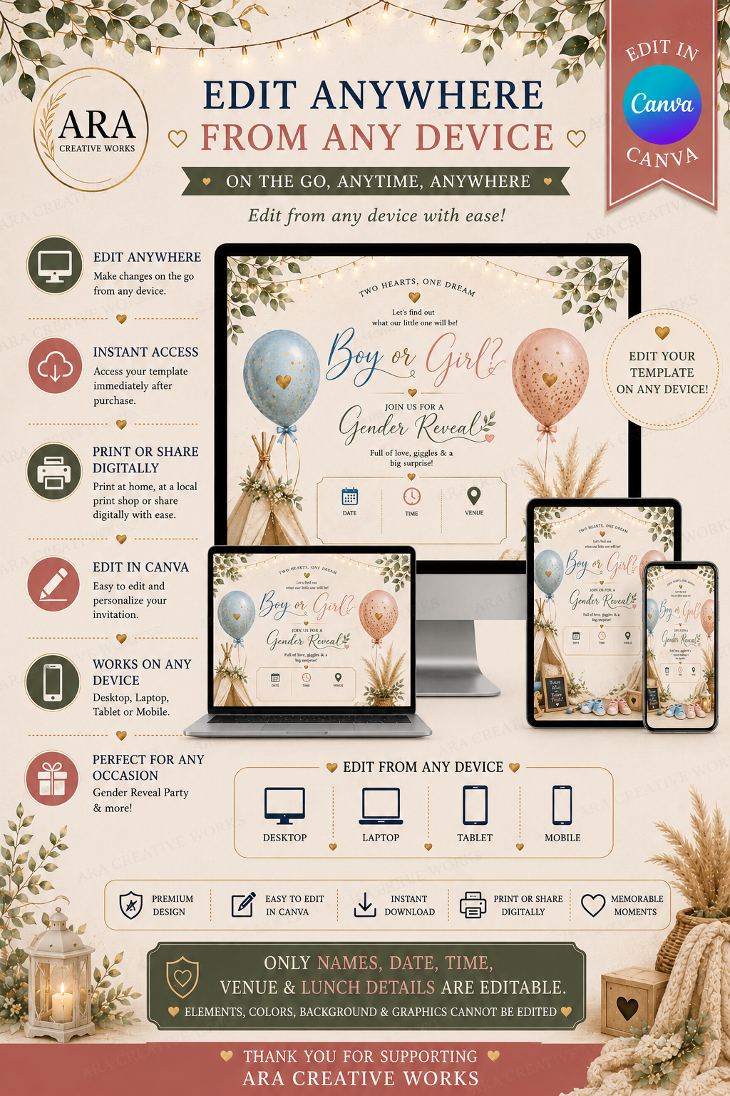 Boho Balloon Gender Reveal Invitation | Editable Canva Template | Instant Download