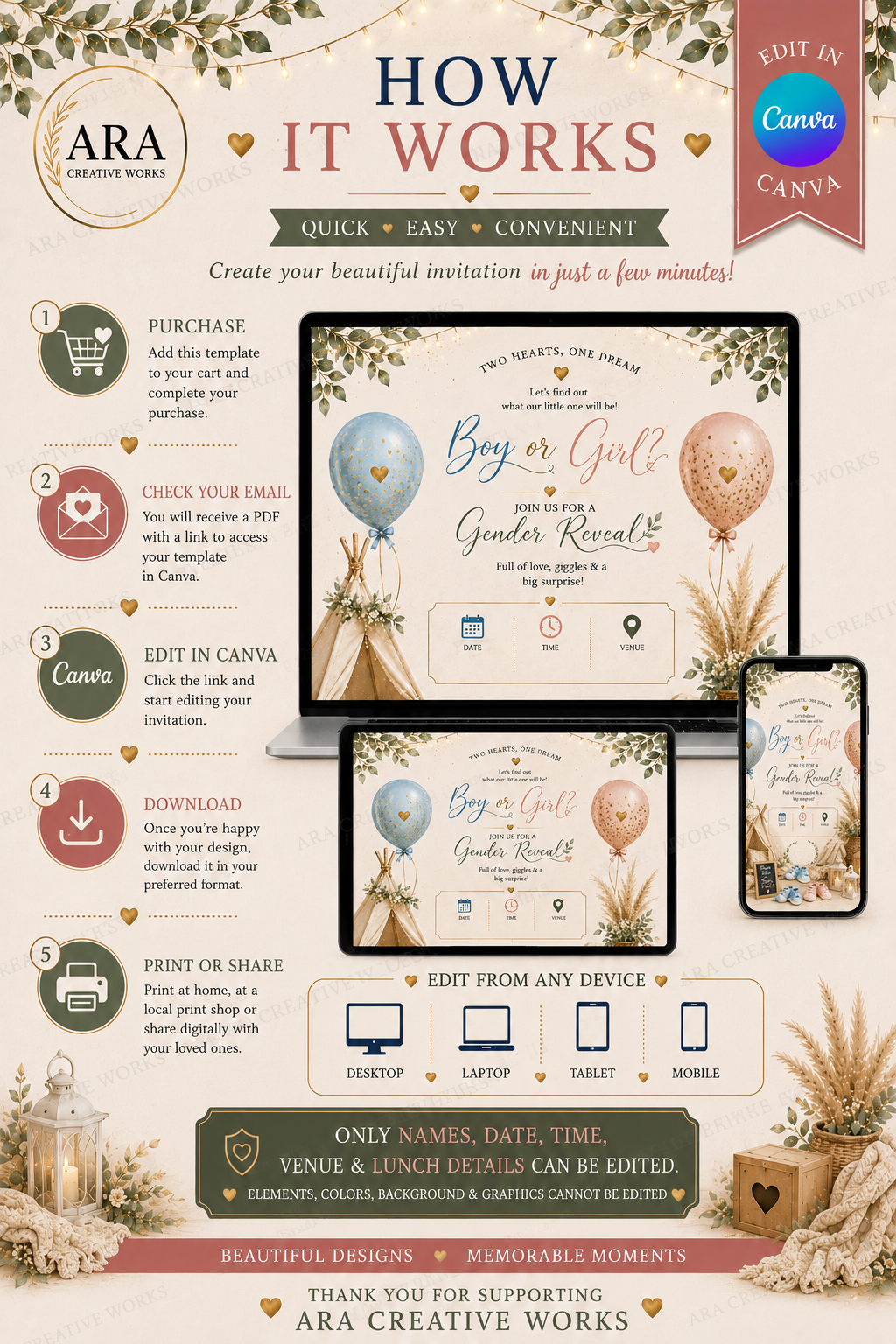 Boho Balloon Gender Reveal Invitation | Editable Canva Template | Instant Download