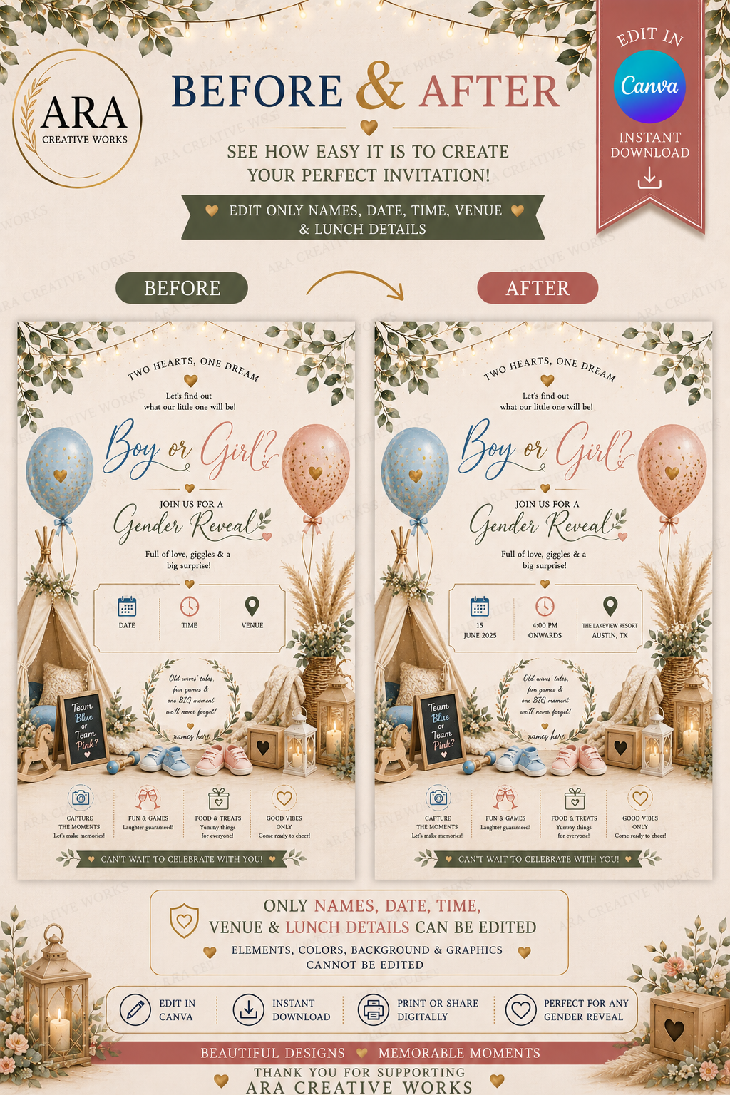 Boho Balloon Gender Reveal Invitation | Editable Canva Template | Instant Download