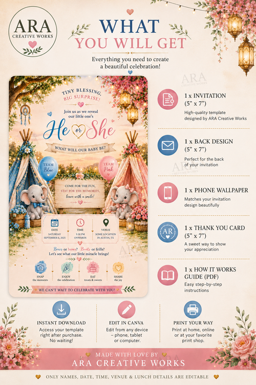 Boho Elephant Gender Reveal Invitation Template, Canva Gender Reveal Invite, He or She Invitation, Team Blue Pink, Baby Reveal