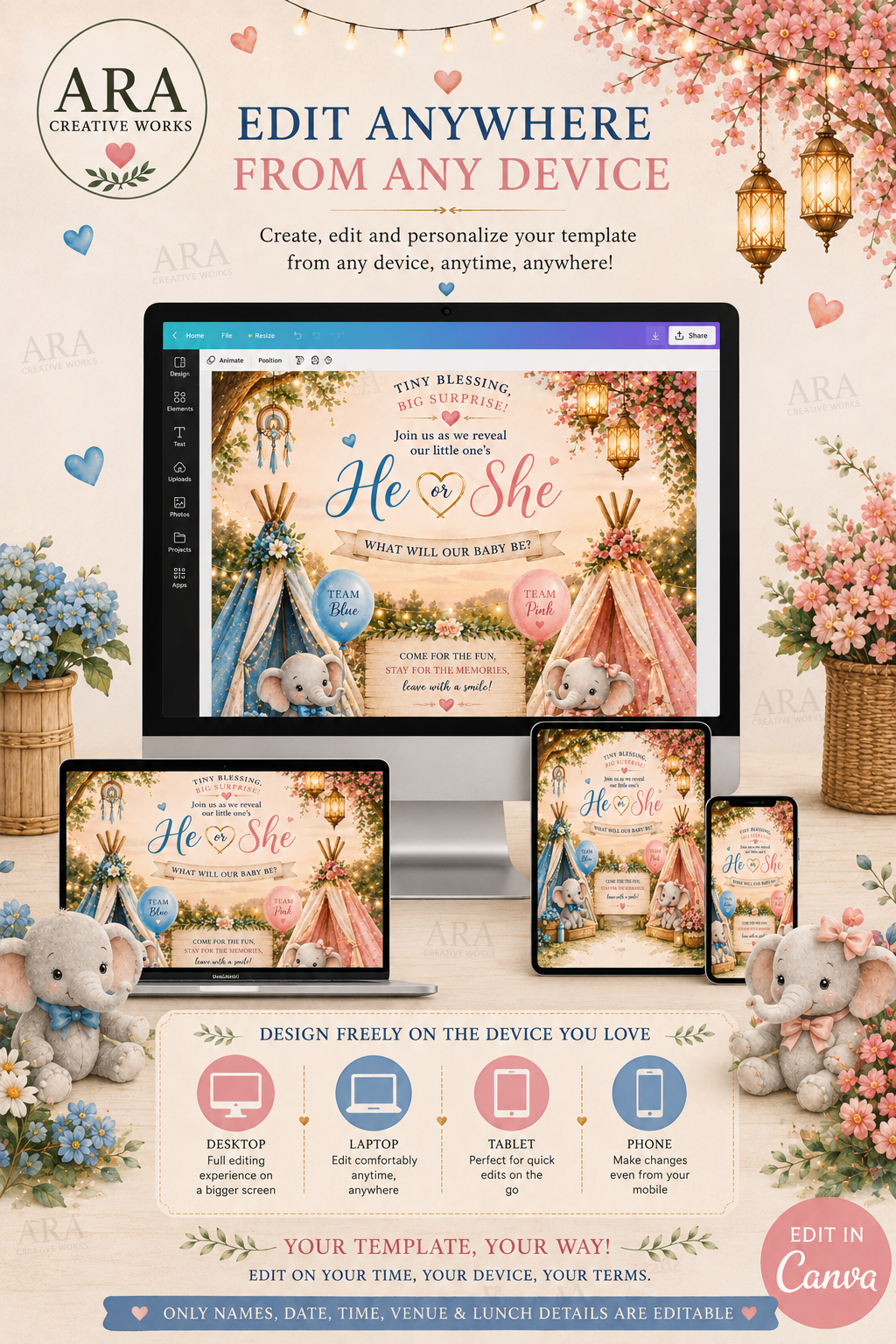 Boho Elephant Gender Reveal Invitation Template, Canva Gender Reveal Invite, He or She Invitation, Team Blue Pink, Baby Reveal