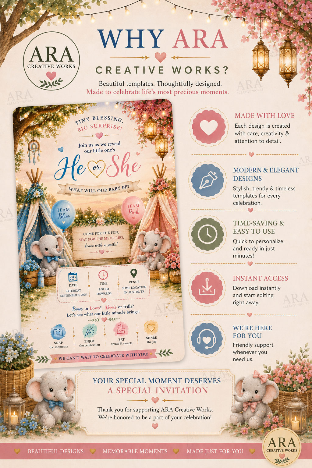 Boho Elephant Gender Reveal Invitation Template, Canva Gender Reveal Invite, He or She Invitation, Team Blue Pink, Baby Reveal