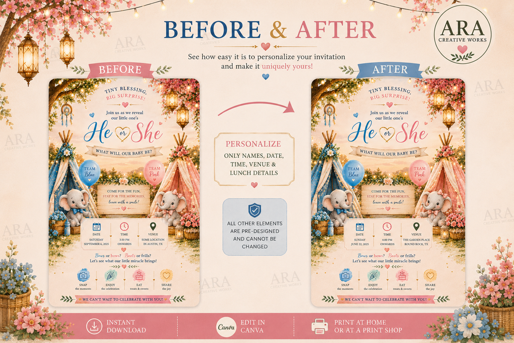 Boho Elephant Gender Reveal Invitation Template, Canva Gender Reveal Invite, He or She Invitation, Team Blue Pink, Baby Reveal