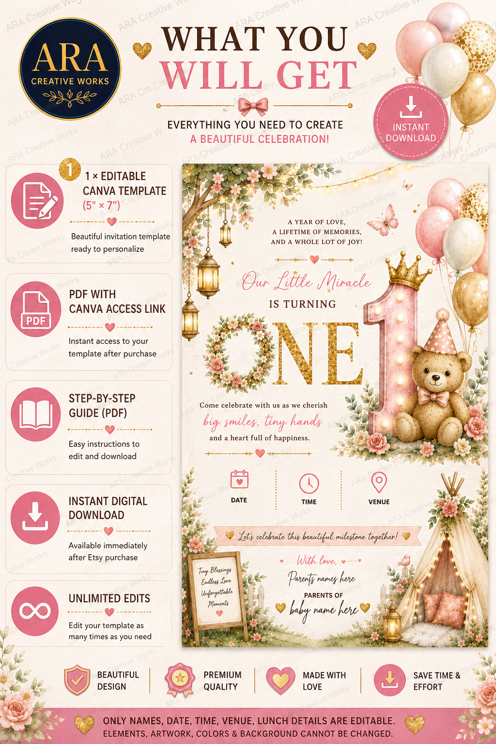 Boho Floral Teddy 1st Birthday Invitation Template | Editable Canva Teddy Bear Birthday Invite | Instant Digital Download