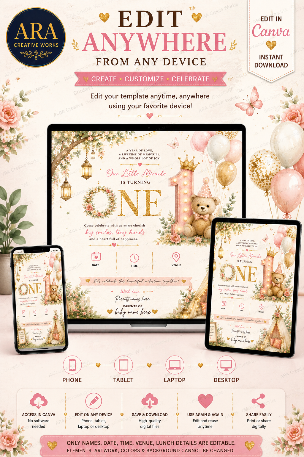 Boho Floral Teddy 1st Birthday Invitation Template | Editable Canva Teddy Bear Birthday Invite | Instant Digital Download