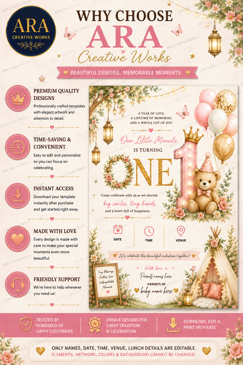 Boho Floral Teddy 1st Birthday Invitation Template | Editable Canva Teddy Bear Birthday Invite | Instant Digital Download