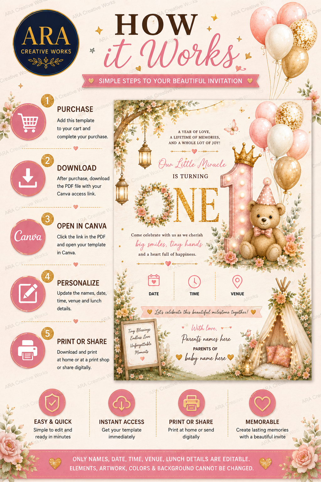 Boho Floral Teddy 1st Birthday Invitation Template | Editable Canva Teddy Bear Birthday Invite | Instant Digital Download