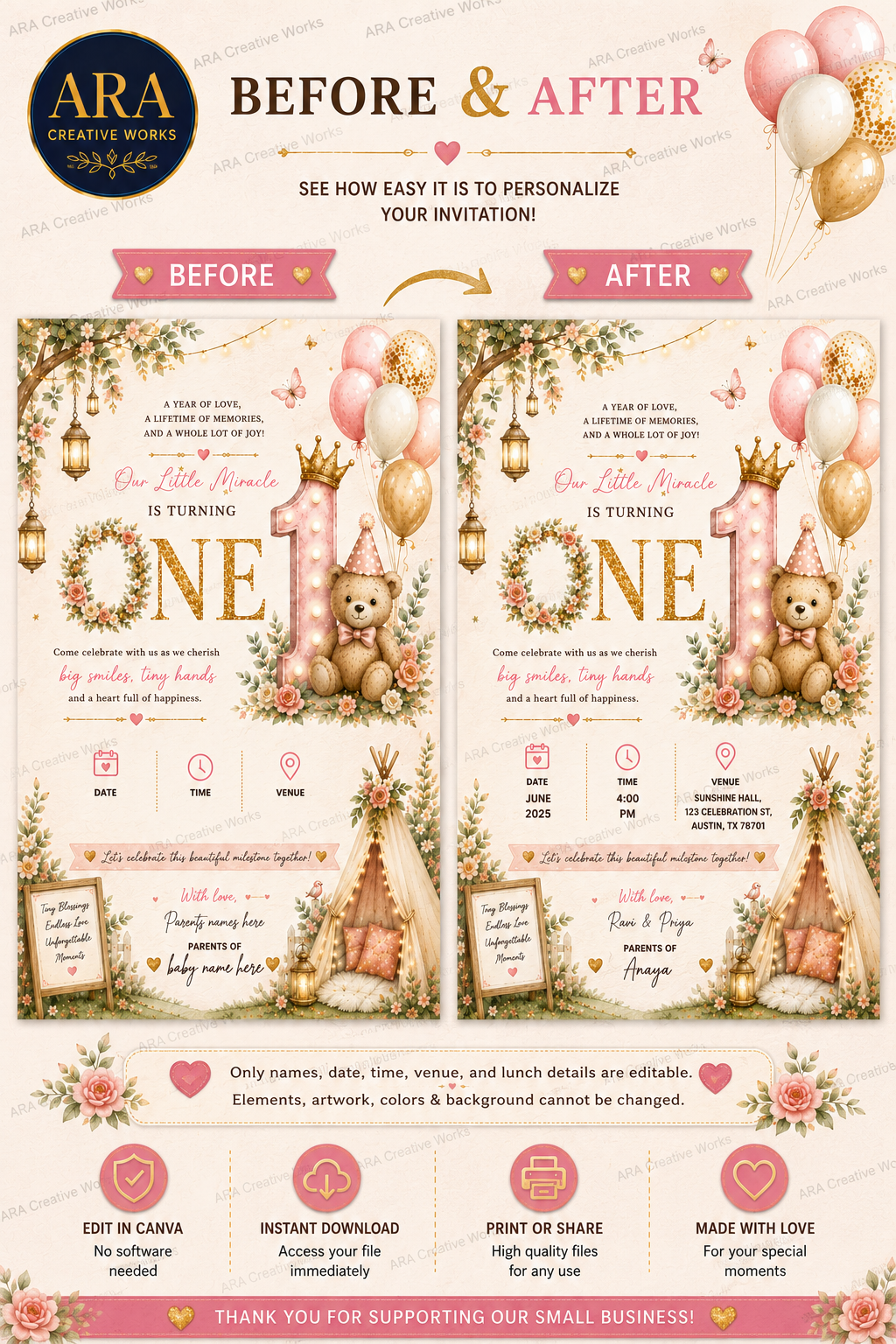 Boho Floral Teddy 1st Birthday Invitation Template | Editable Canva Teddy Bear Birthday Invite | Instant Digital Download