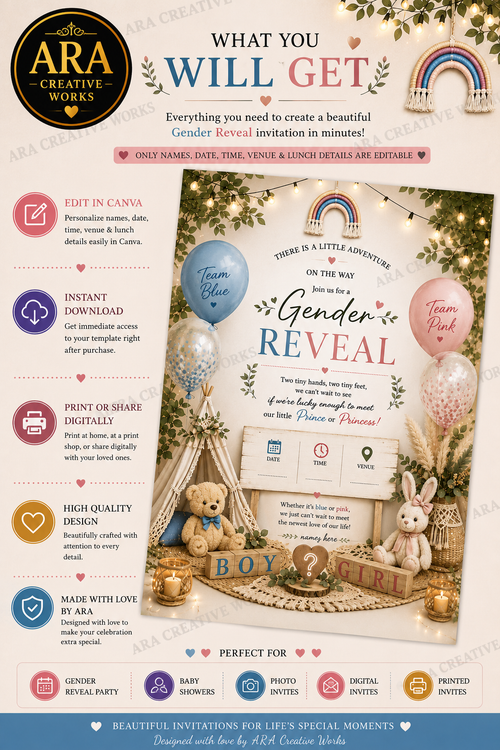 Boho Teddy Gender Reveal Invitation | Editable Canva Template | Instant Download