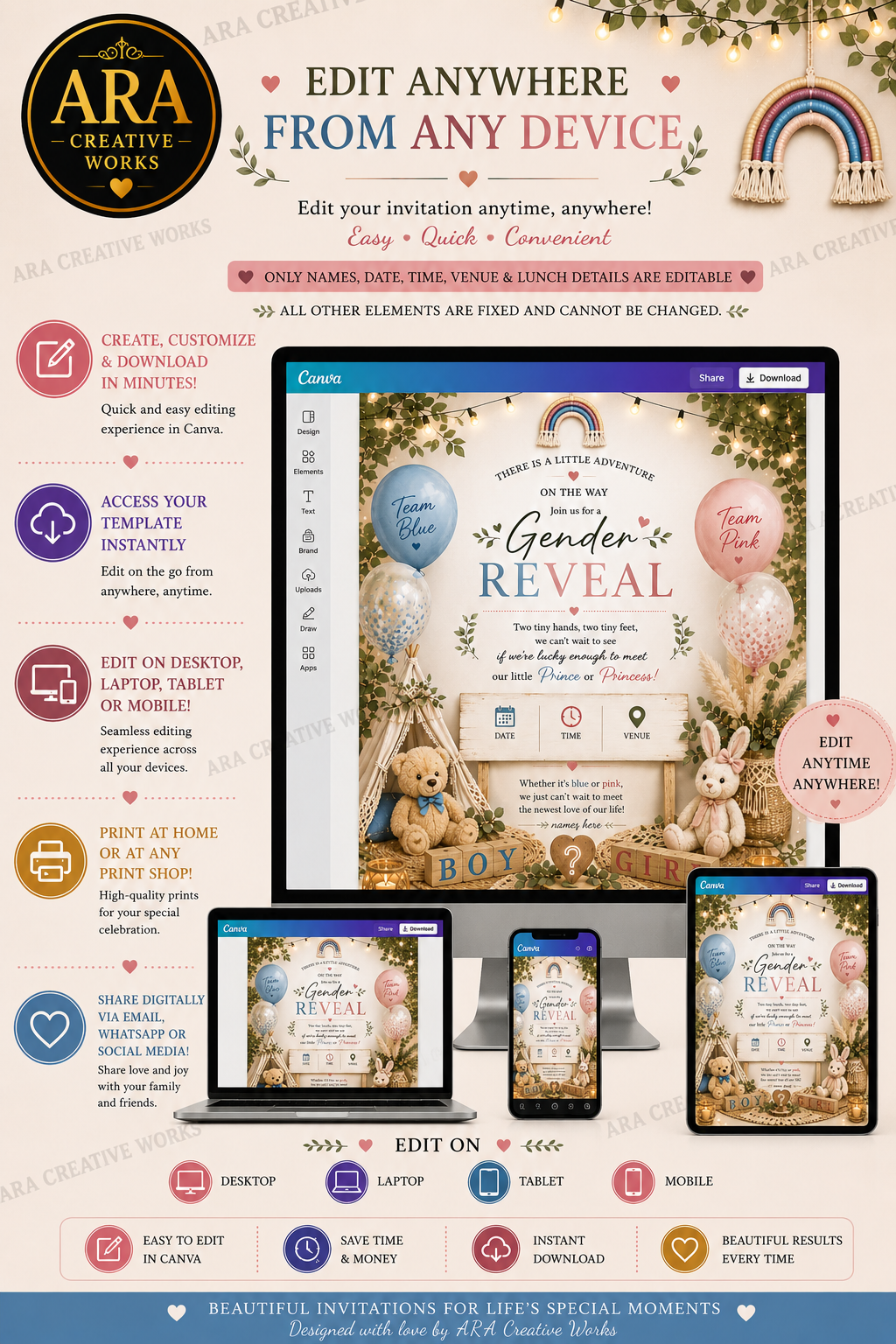 Boho Teddy Gender Reveal Invitation | Editable Canva Template | Instant Download