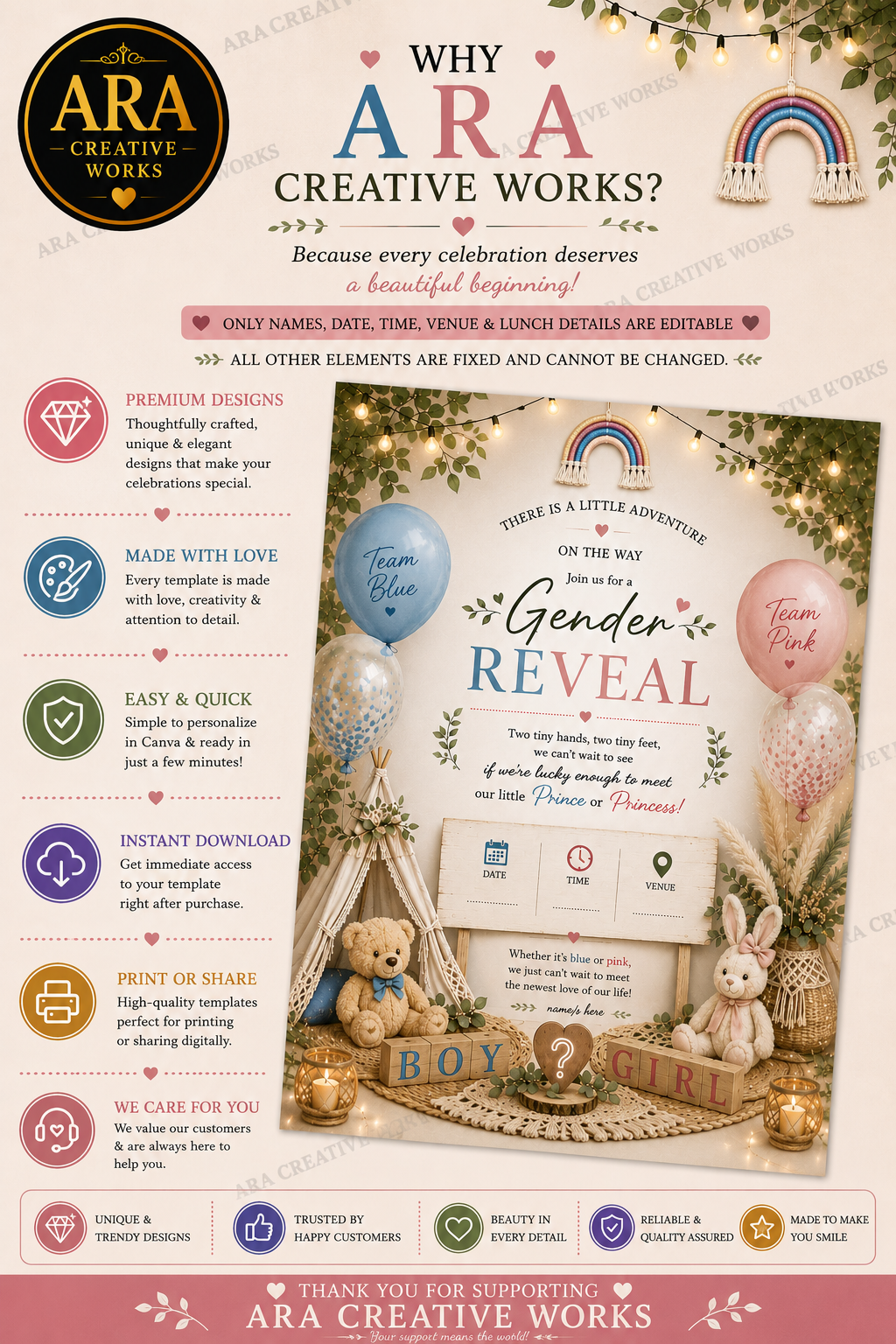 Boho Teddy Gender Reveal Invitation | Editable Canva Template | Instant Download