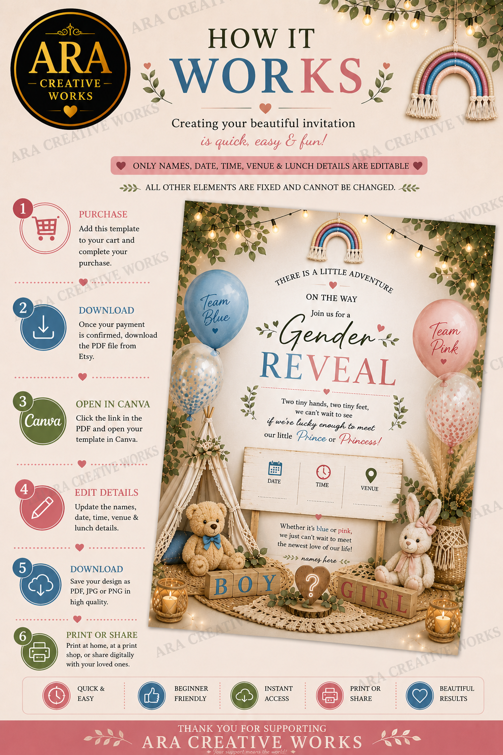 Boho Teddy Gender Reveal Invitation | Editable Canva Template | Instant Download