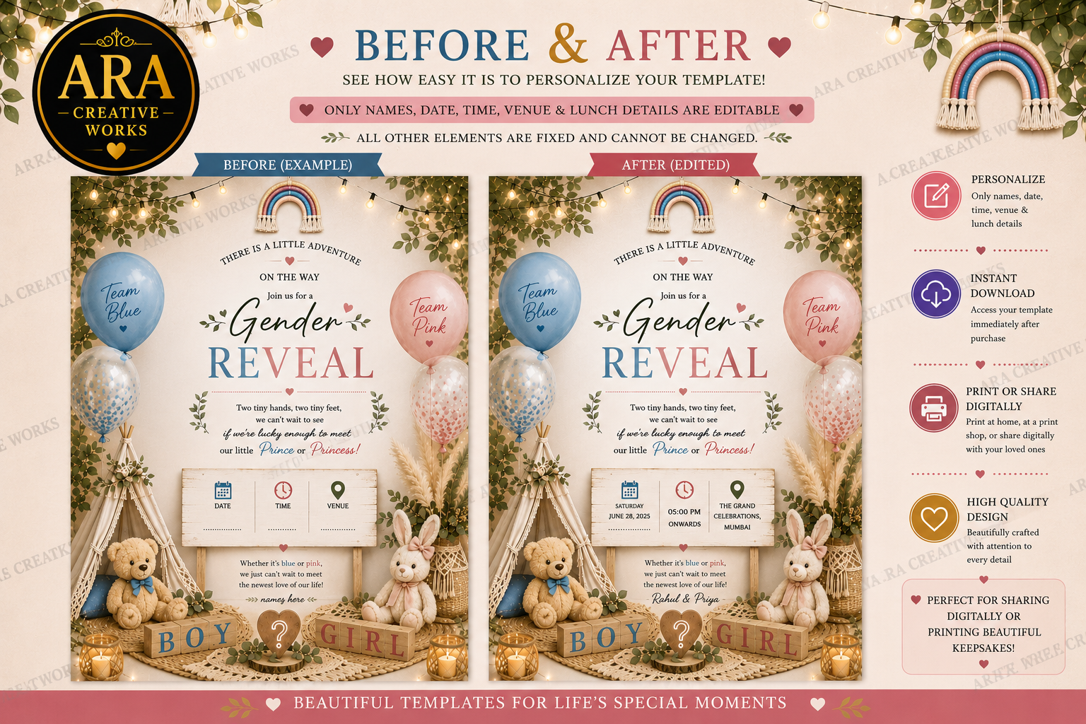 Boho Teddy Gender Reveal Invitation | Editable Canva Template | Instant Download