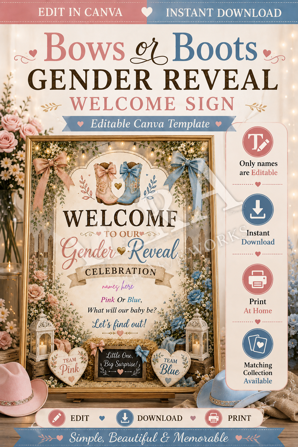 Bows or Boots Gender Reveal Welcome Sign, Editable Canva Template, Pink or Blue Gender Reveal Sign, Cowboy Western Baby Reveal Decor