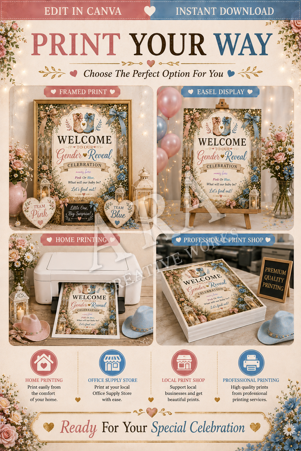 Bows or Boots Gender Reveal Welcome Sign, Editable Canva Template, Pink or Blue Gender Reveal Sign, Cowboy Western Baby Reveal Decor