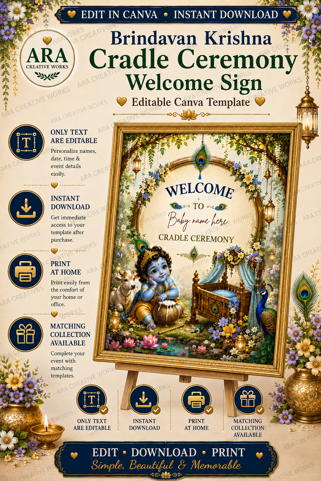 Brindavan Krishna Cradle Ceremony Welcome Sign, Little Krishna Baby Welcome Sign, Indian Naming Ceremony, Editable Canva Template