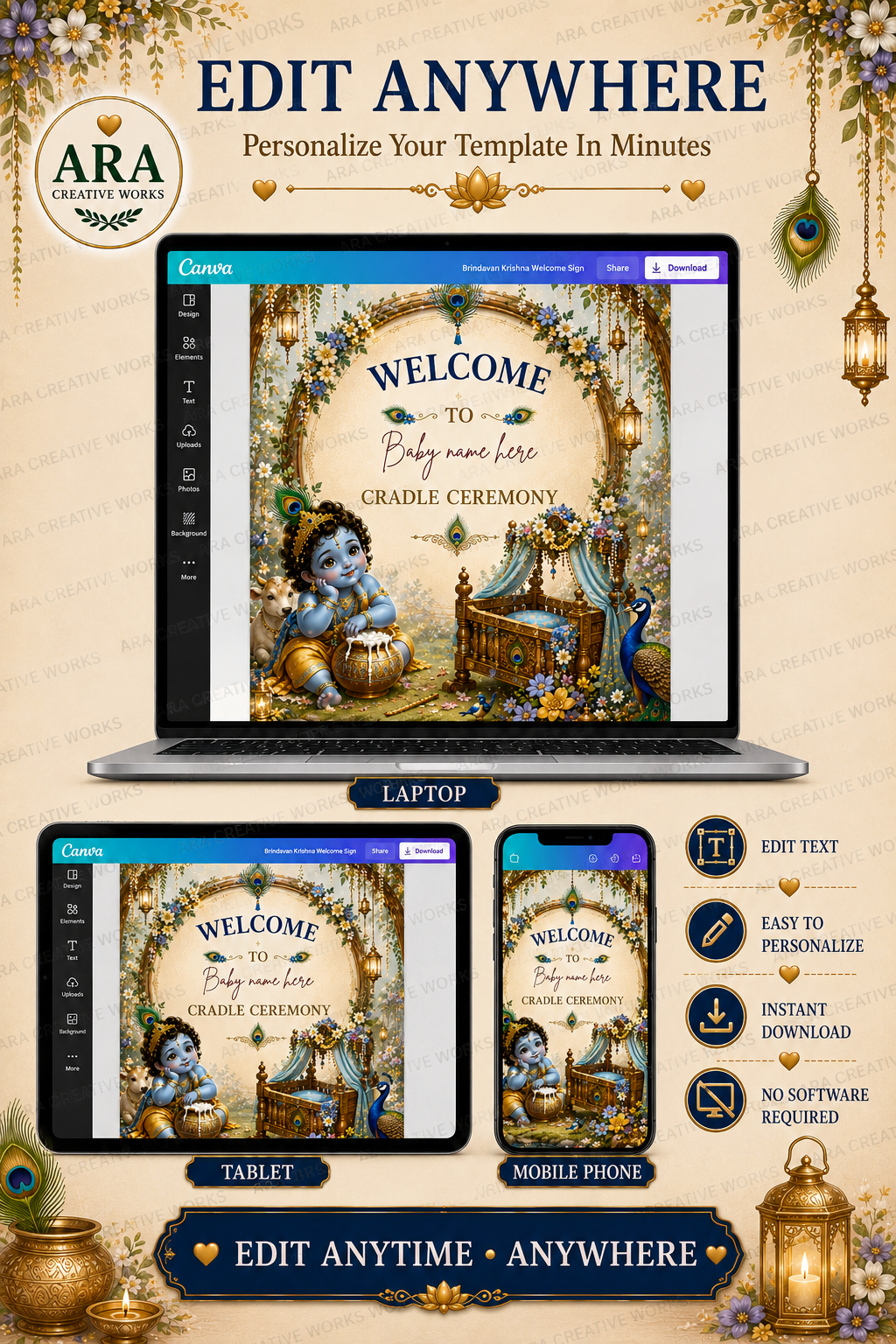 Brindavan Krishna Cradle Ceremony Welcome Sign, Little Krishna Baby Welcome Sign, Indian Naming Ceremony, Editable Canva Template