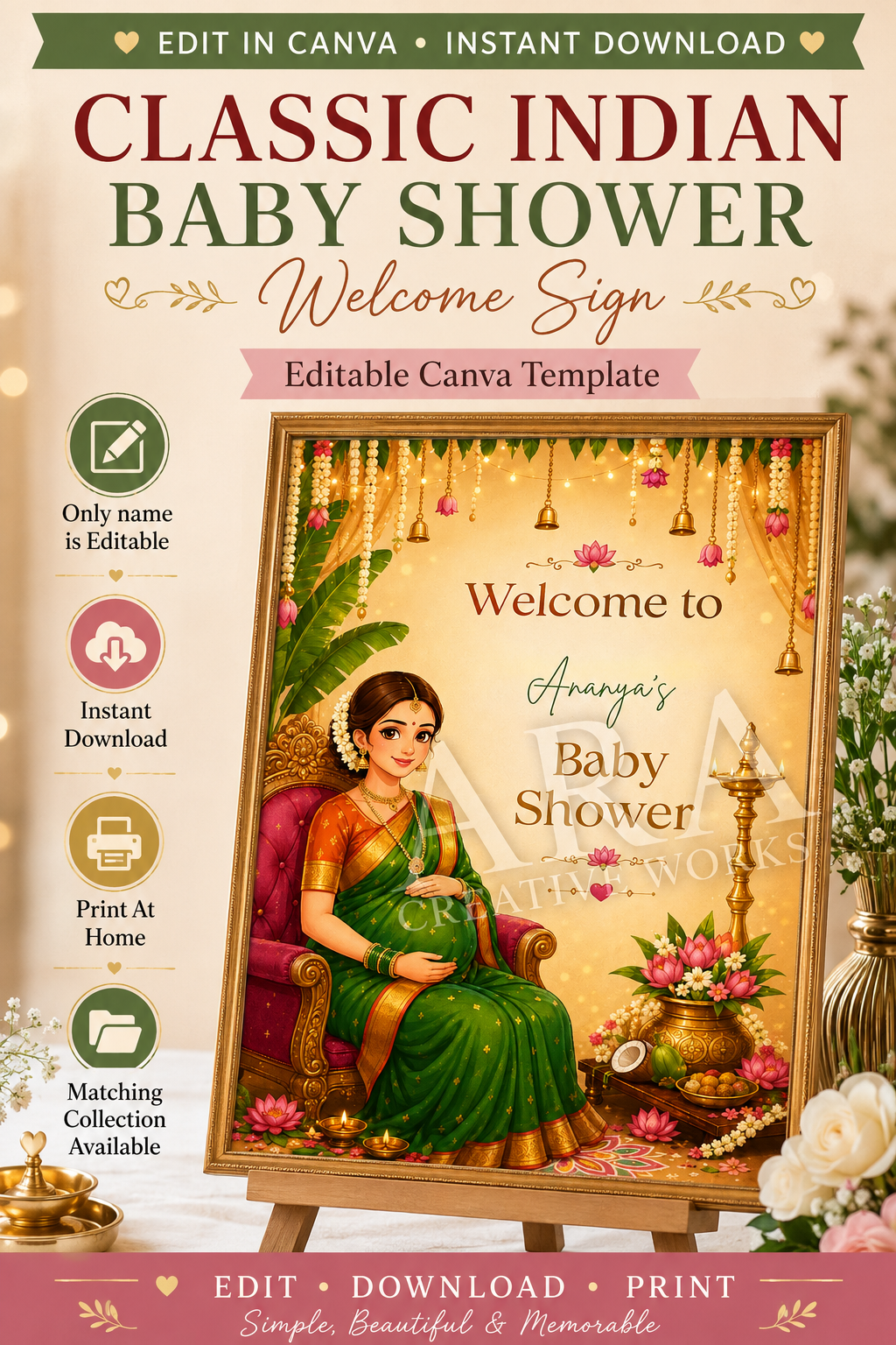 Classic Indian Baby Shower Welcome Sign | Editable Canva Template | South Indian Baby Shower Decor | Seemantham Welcome Board | Digital Download