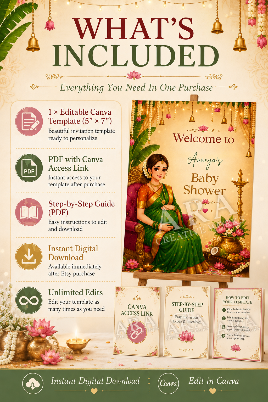 Classic Indian Baby Shower Welcome Sign | Editable Canva Template | South Indian Baby Shower Decor | Seemantham Welcome Board | Digital Download