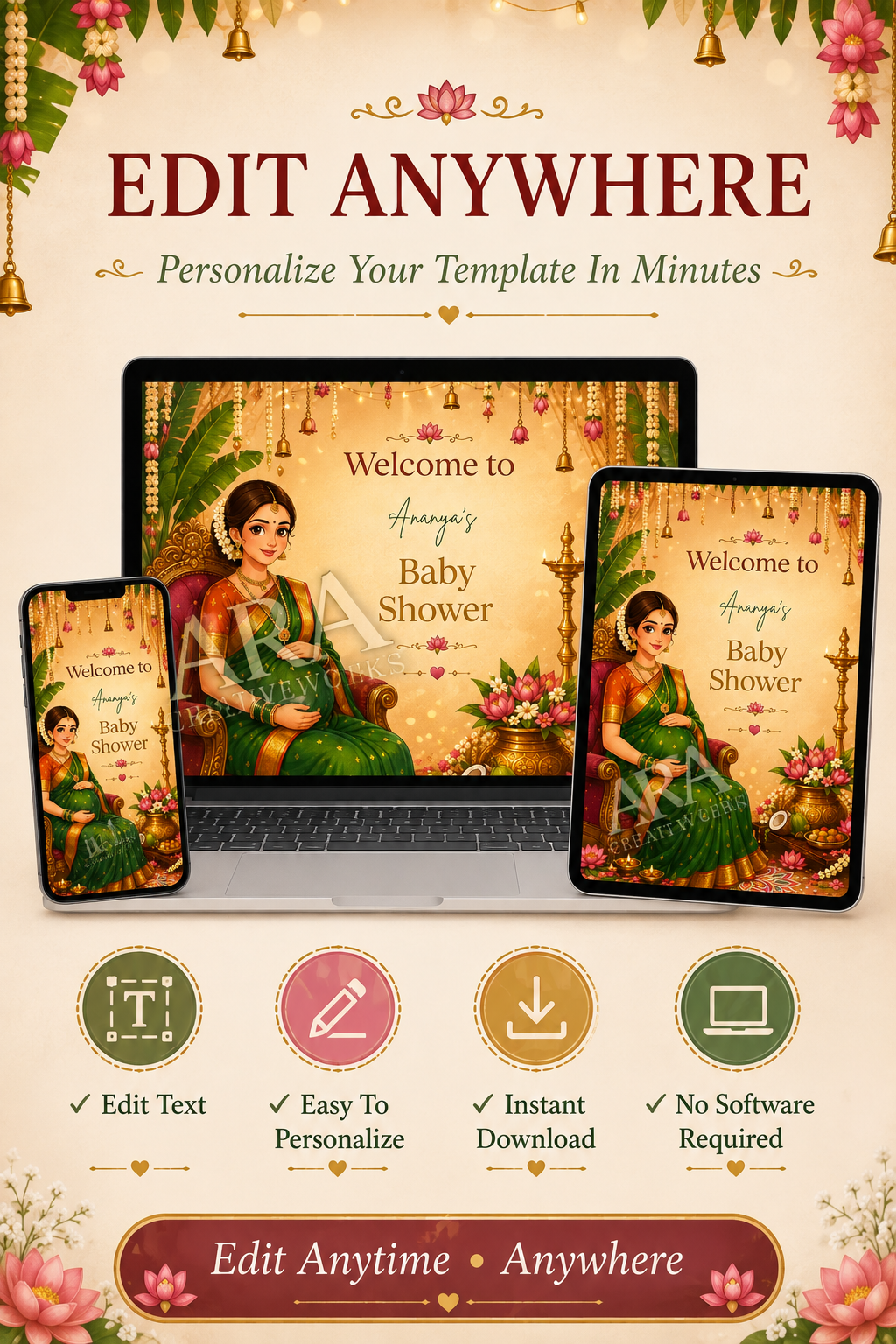 Classic Indian Baby Shower Welcome Sign | Editable Canva Template | South Indian Baby Shower Decor | Seemantham Welcome Board | Digital Download
