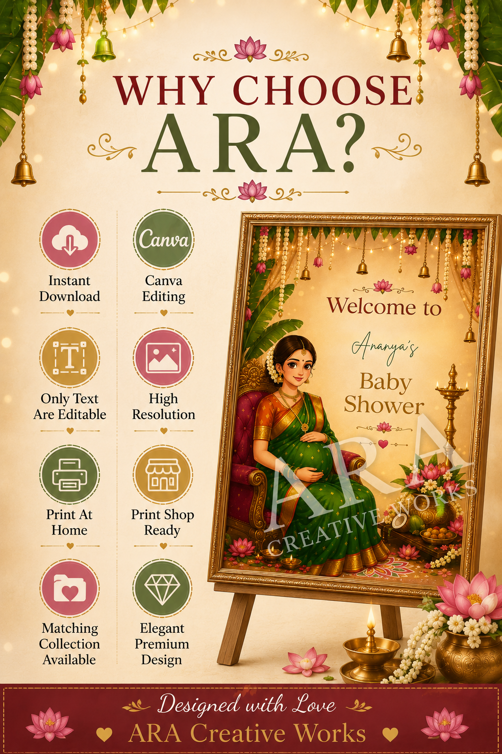 Classic Indian Baby Shower Welcome Sign | Editable Canva Template | South Indian Baby Shower Decor | Seemantham Welcome Board | Digital Download