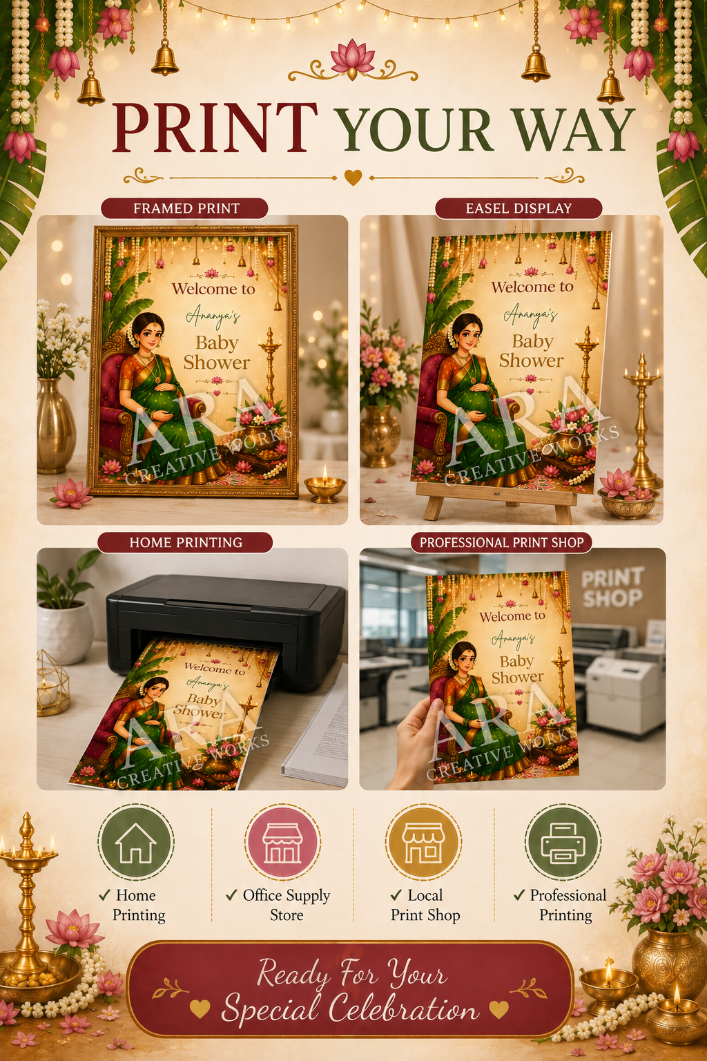 Classic Indian Baby Shower Welcome Sign | Editable Canva Template | South Indian Baby Shower Decor | Seemantham Welcome Board | Digital Download