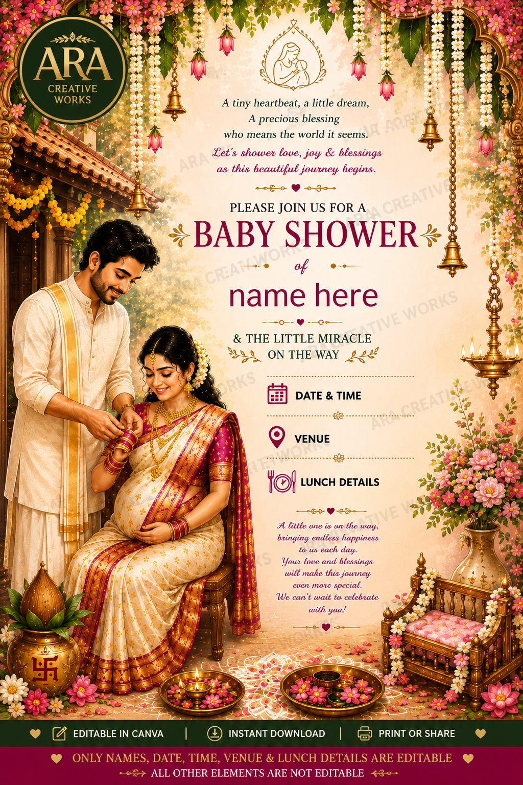 Classic South Indian Baby Shower Invite | Editable Canva Template | Digital Download