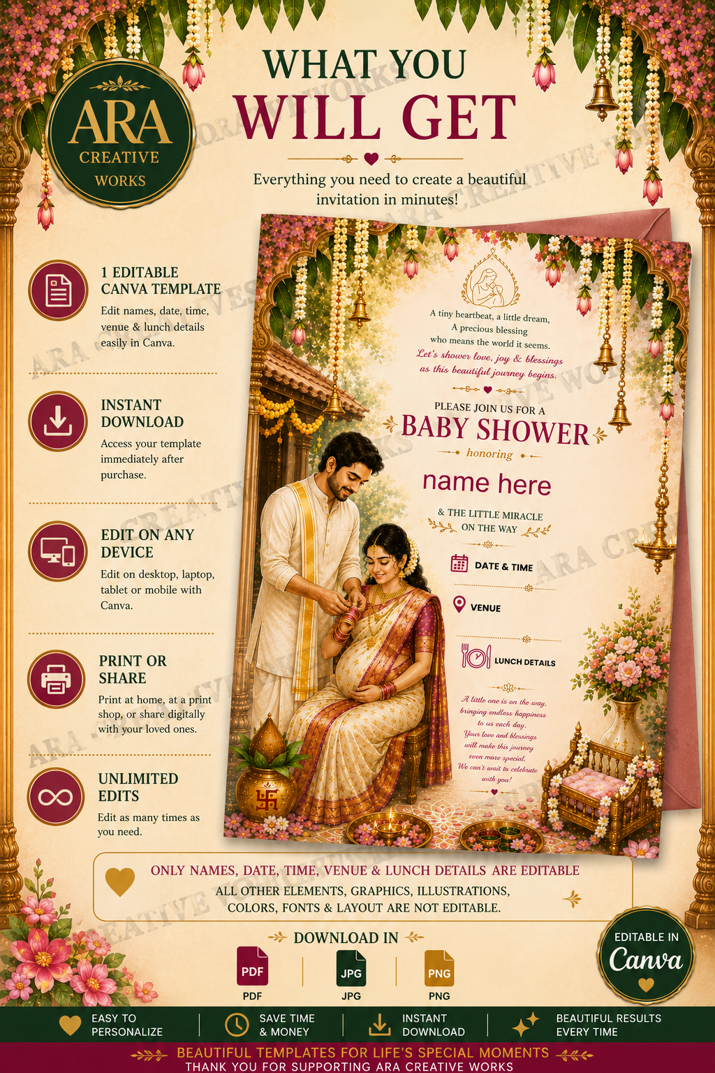 Classic South Indian Baby Shower Invite | Editable Canva Template | Digital Download