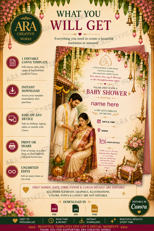 Classic South Indian Baby Shower Invite | Editable Canva Template | Digital Download