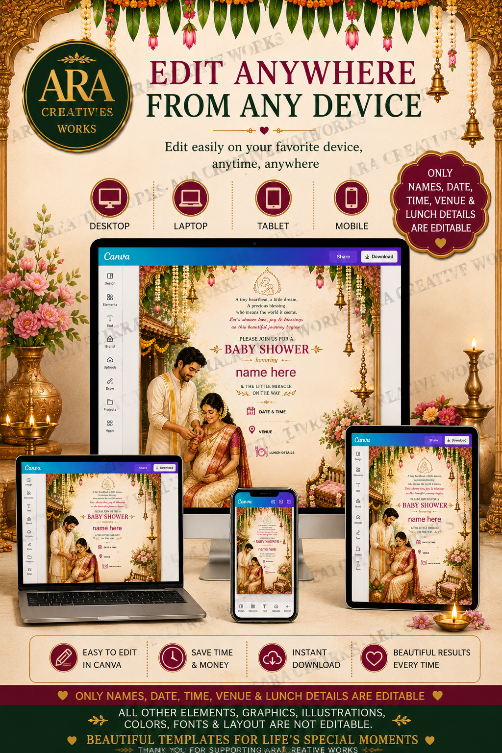 Classic South Indian Baby Shower Invite | Editable Canva Template | Digital Download