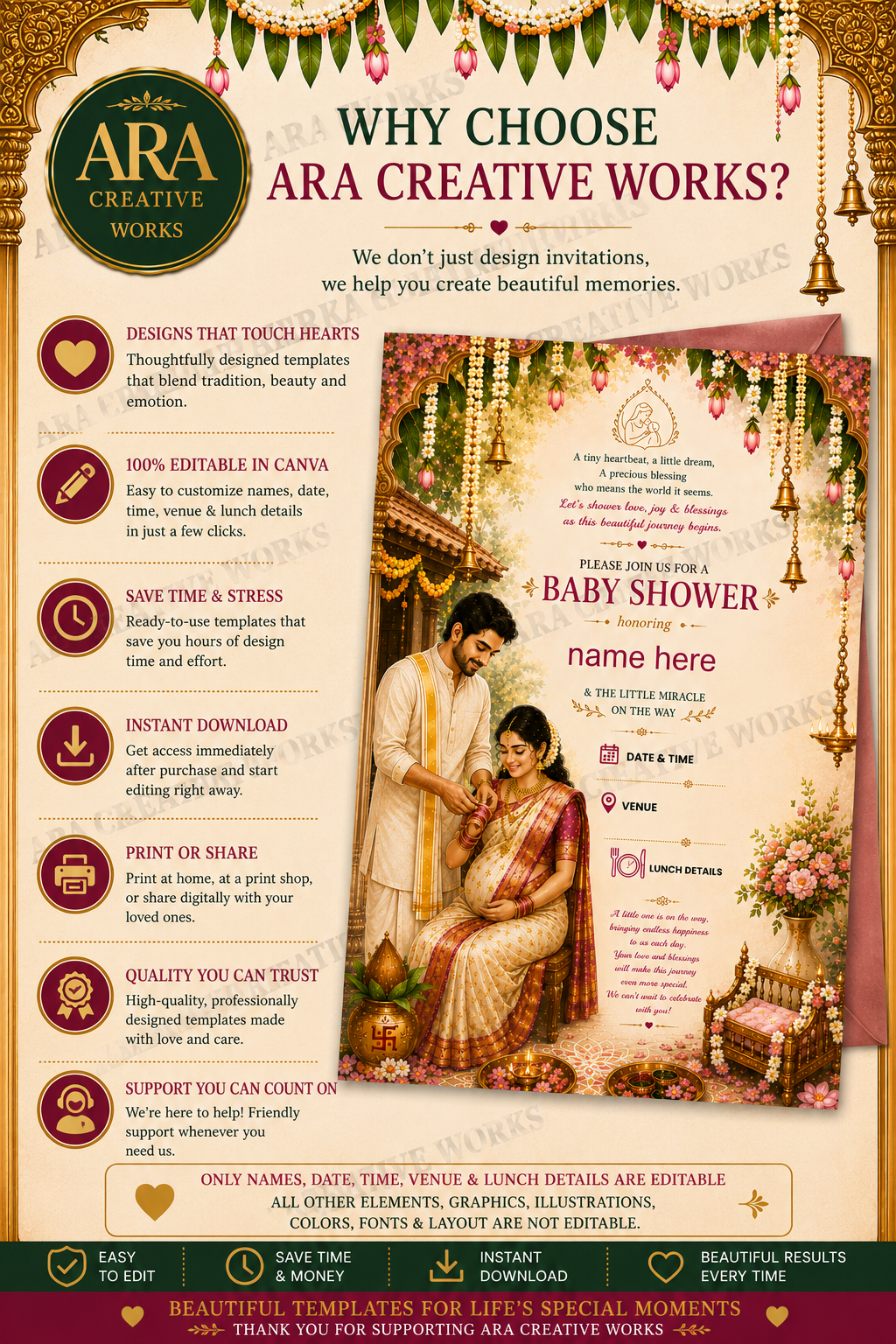 Classic South Indian Baby Shower Invite | Editable Canva Template | Digital Download