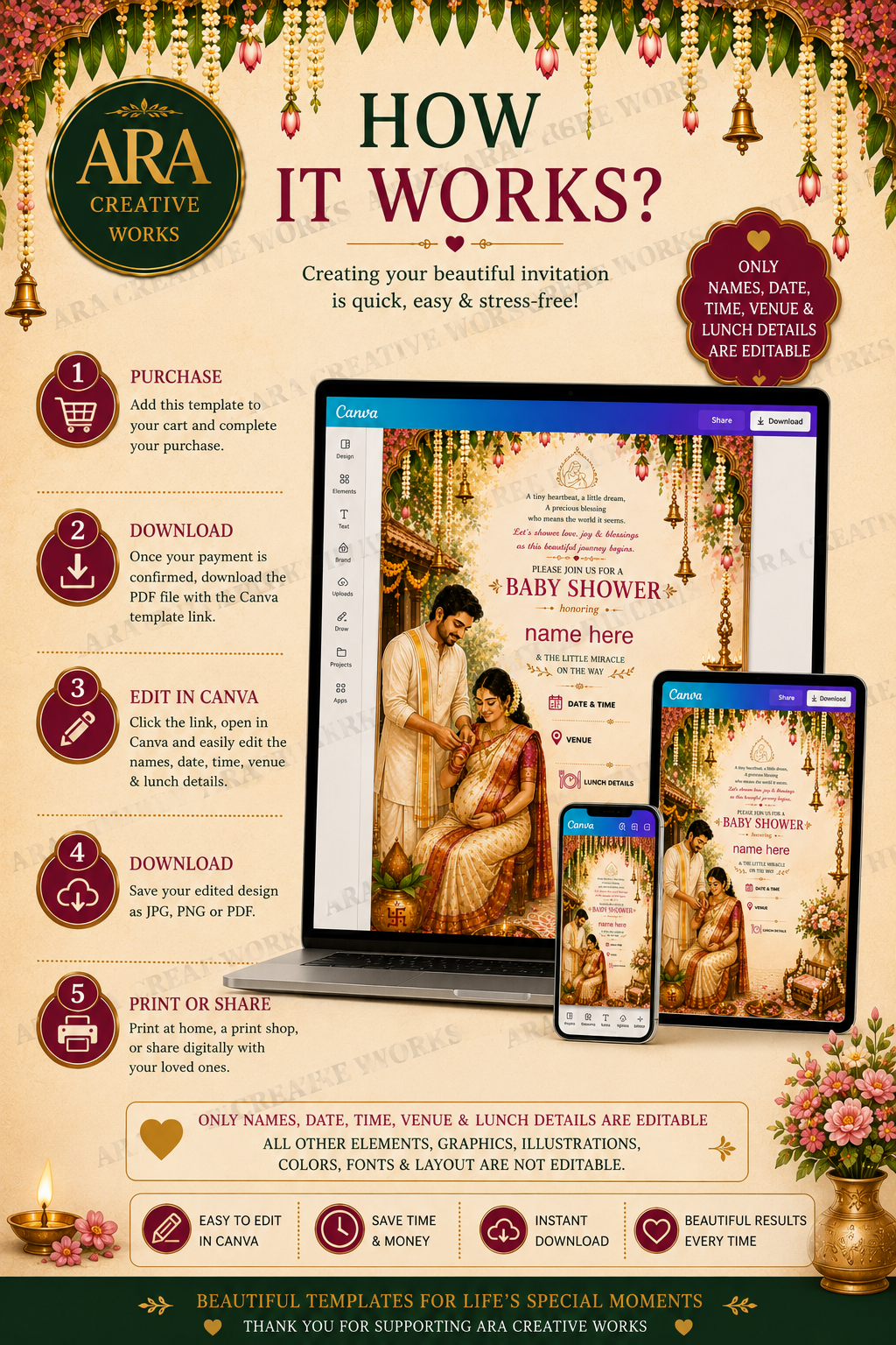 Classic South Indian Baby Shower Invite | Editable Canva Template | Digital Download