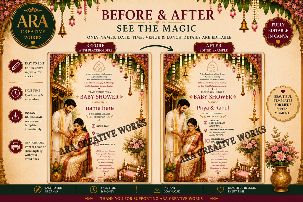 Classic South Indian Baby Shower Invite | Editable Canva Template | Digital Download
