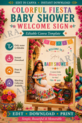 Colorful Fiesta Baby Shower Welcome Sign | Mexican Baby Shower Canva Template | Fiesta Welcome Poster | Editable Name | Instant Download