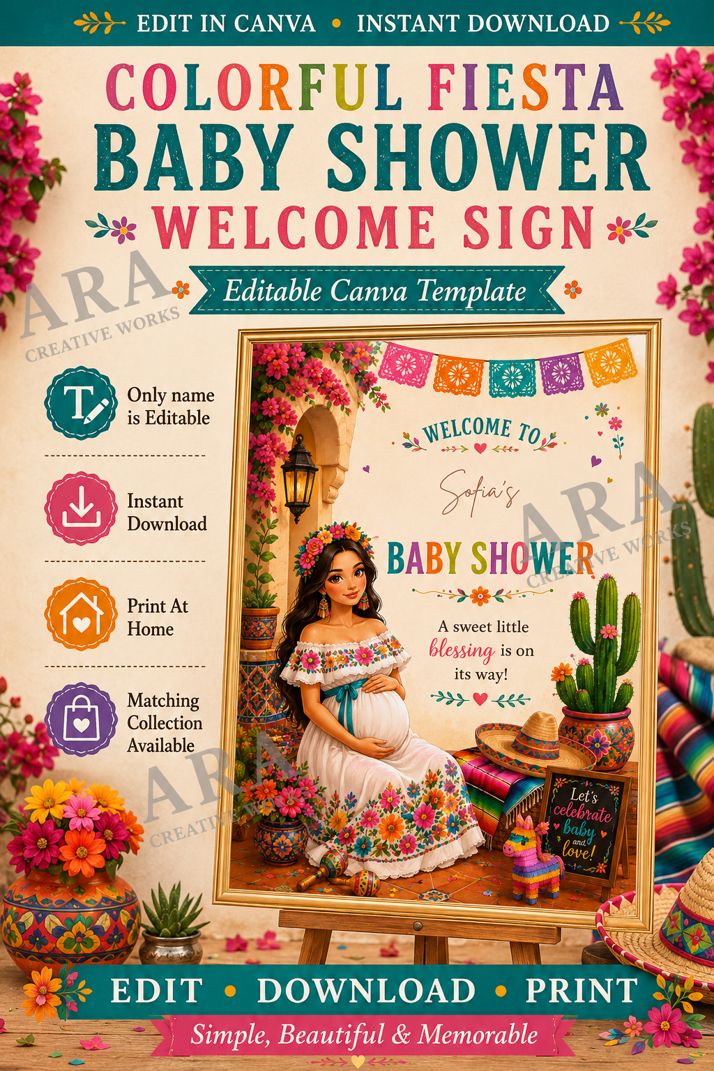 Colorful Fiesta Baby Shower Welcome Sign | Mexican Baby Shower Canva Template | Fiesta Welcome Poster | Editable Name | Instant Download