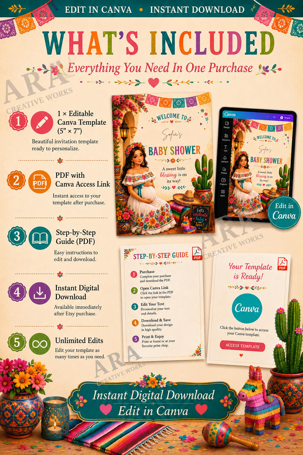 Colorful Fiesta Baby Shower Welcome Sign | Mexican Baby Shower Canva Template | Fiesta Welcome Poster | Editable Name | Instant Download